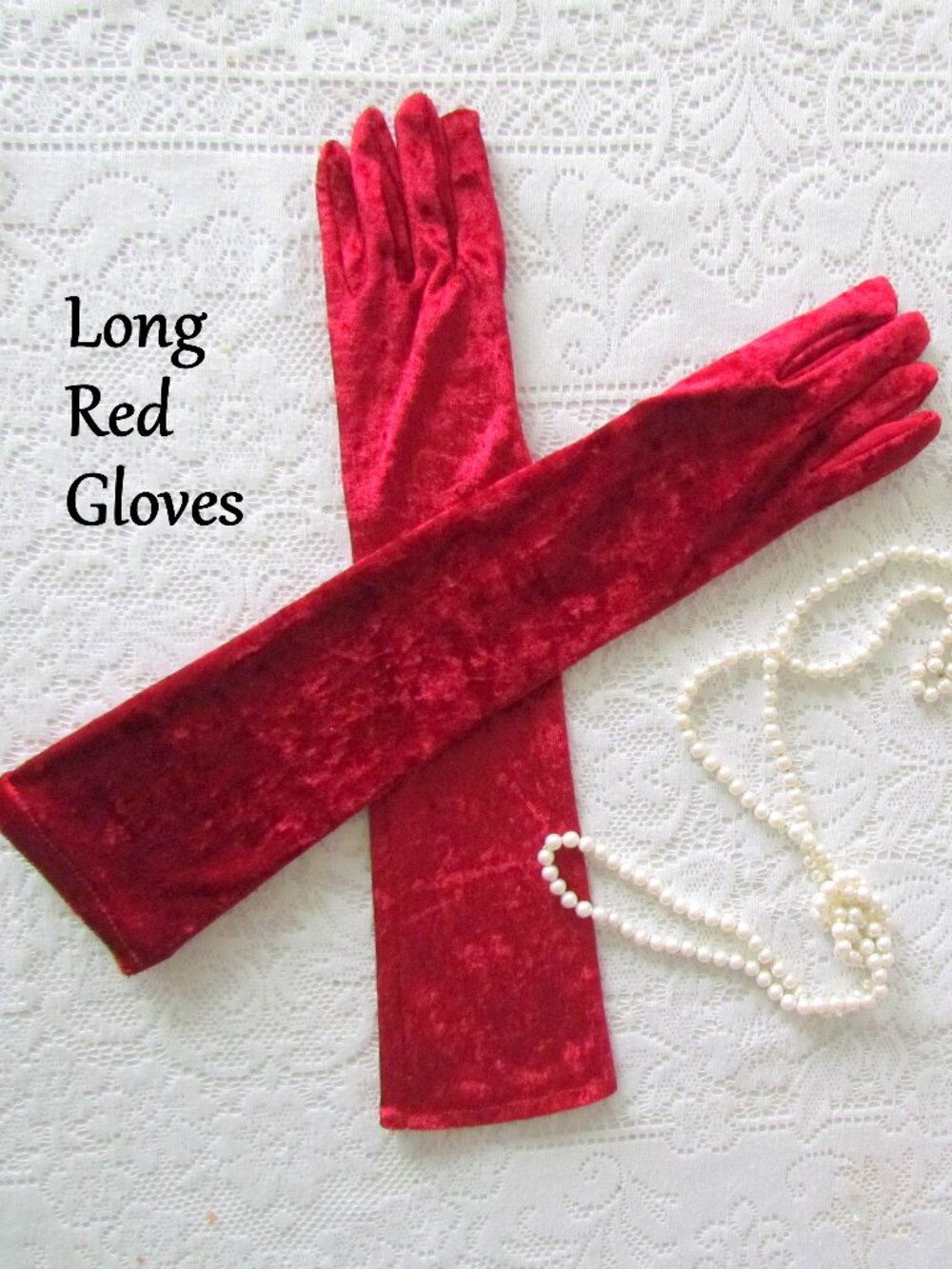 LONG RED GLOVES, L, ABOVE-THE-ELBOW SHINY VELOUR: COSTUME, STAGE, SALOON GIRL